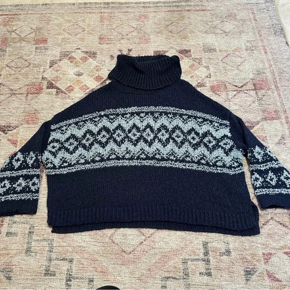 Free People Fairisle Wool Blend Sweater With High Neck Cowl Neck Blue Sz M - Picture 12 of 15